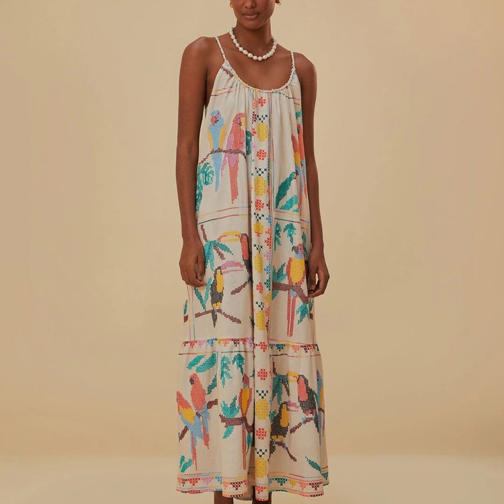 NEW FARM Rio Stitched Birds Scarf Maxi Dress NWT XXS